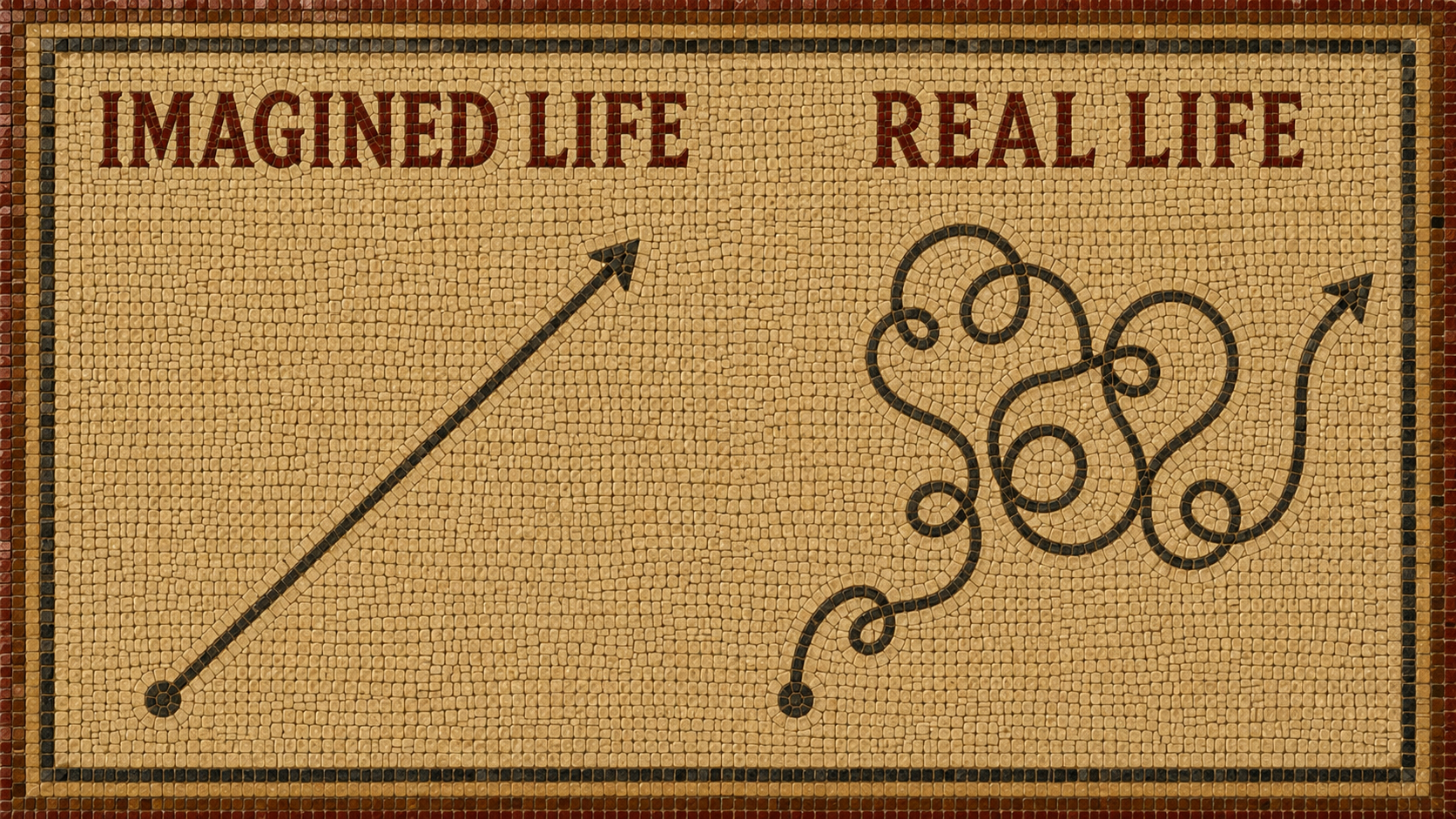 Mosaic comparing imagined life (straight arrow) and real life (winding path)